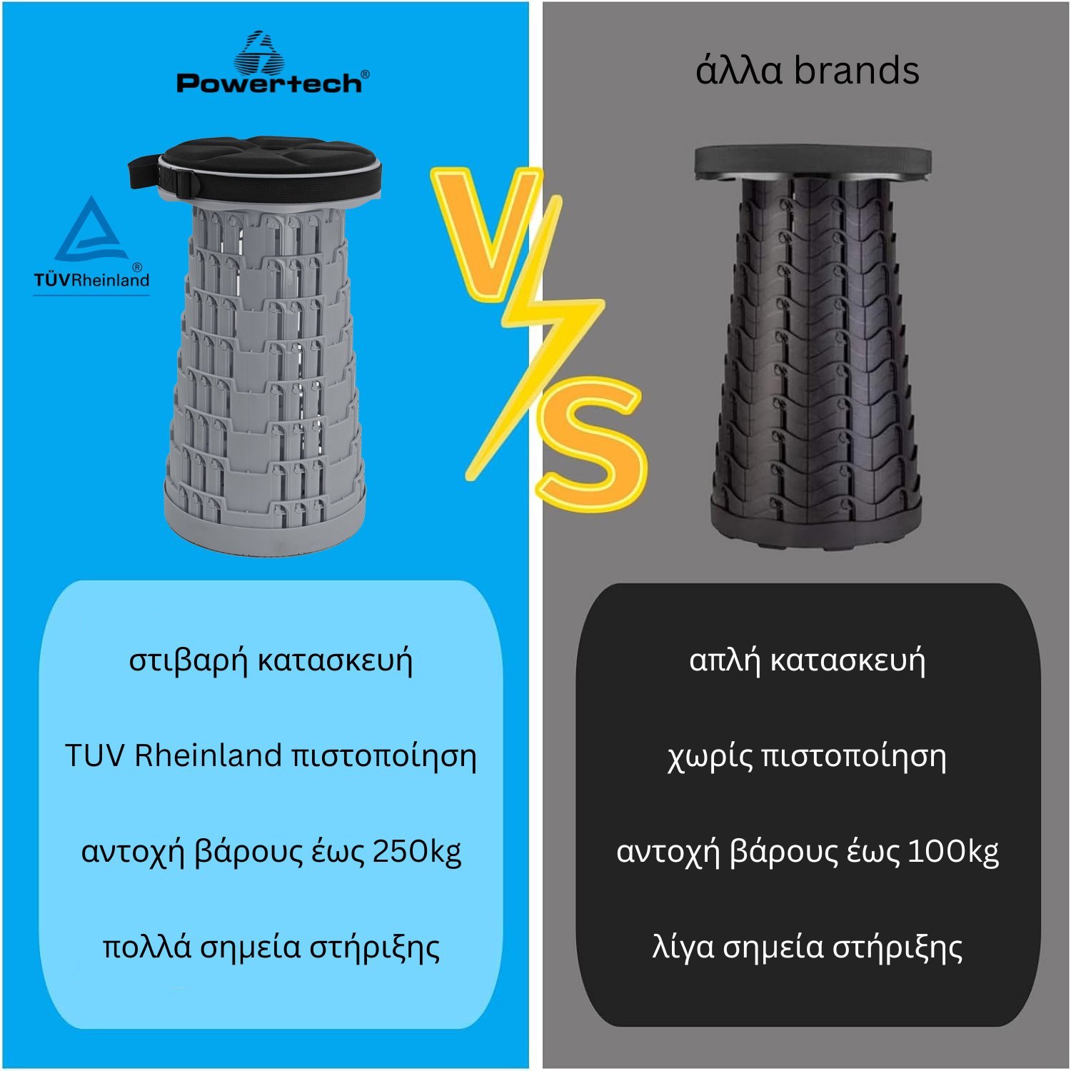 POWERTECH πτυσσόμενο καρεκλάκι με μαξιλάρι, αντοχή έως 250kg, 25.5x45cm, γκρι - Image 8