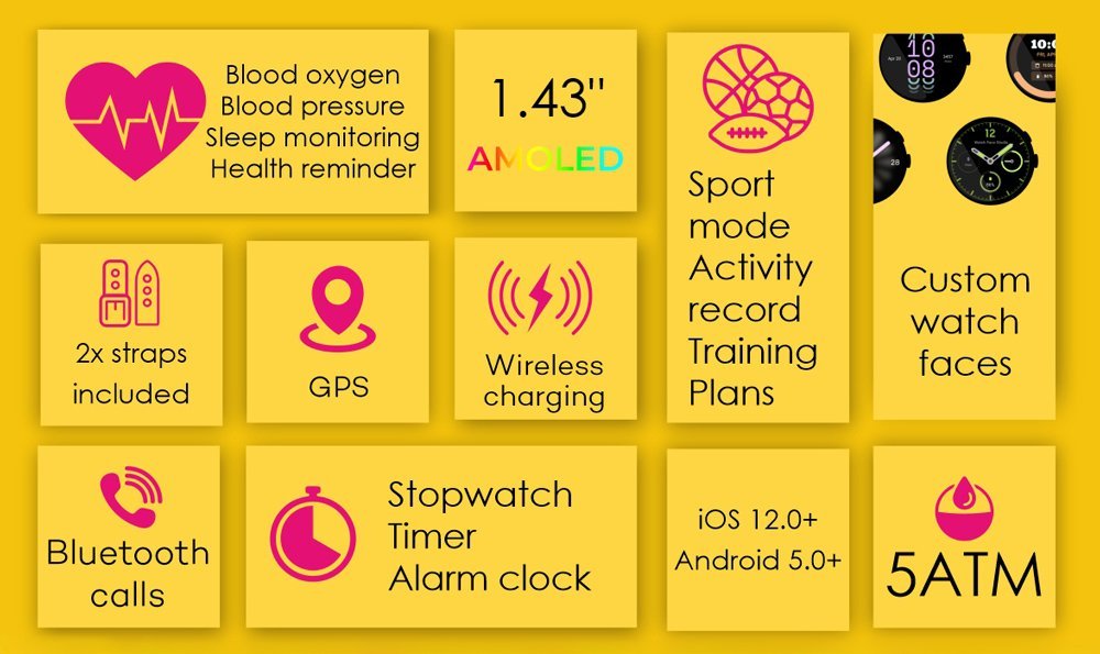 INTIME smartwatch G6 με 2x λουράκια, heart rate, 1.43" AMOLED, GPS, 5ATM, titanium black - Image 2