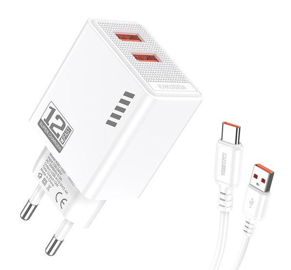 KAKUSIGA φορτιστής τοίχου KSC-1238 με καλώδιο USB-C, 2x USB, 12W, λευκός