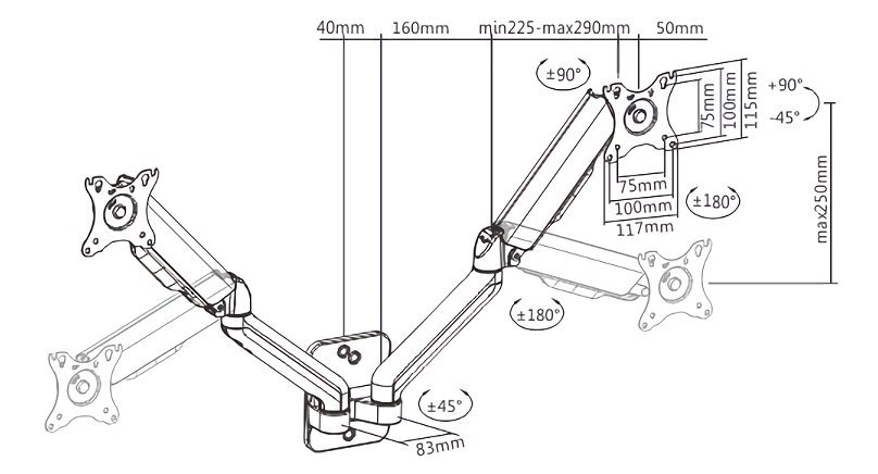 BRATECK επιτοίχια βάση για 2x οθόνες LDA32-114, 17-32", έως 9kg - Image 4