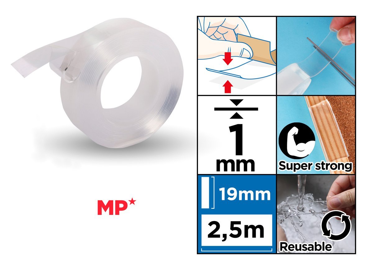 MP κολλητική ταινία διπλής όψεως, nano gel, 19mm x 2.5m, διάφανη - Image 2