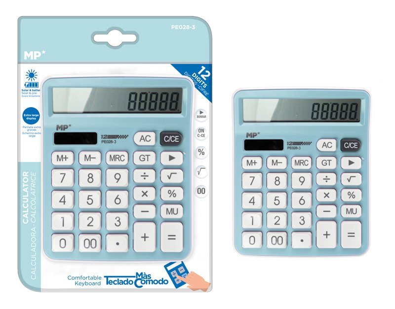 MP αριθμομηχανή PE028, ηλιακό & μπαταρίες, 12 ψηφία, γαλάζια