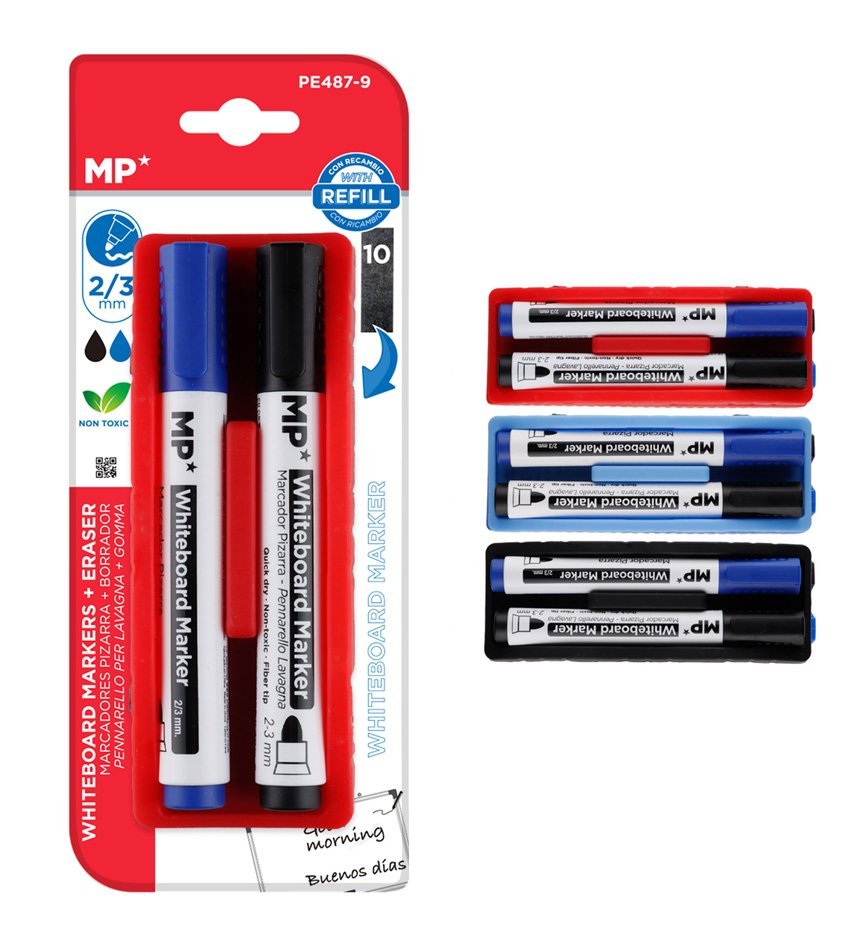 MP μαρκαδόροι & σφουγγάρι ασπροπίνακα PE487-9, 2/3mm μαύρος & μπλε, 2τμχ