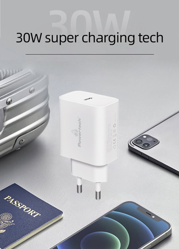 POWERTECH φορτιστής τοίχου PT-1043, USB-C, PD QC3.0, GaN, 30W, λευκός - Image 2
