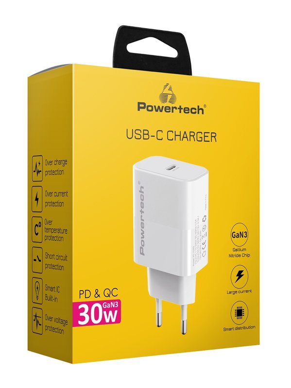 POWERTECH φορτιστής τοίχου PT-1043, USB-C, PD QC3.0, GaN, 30W, λευκός - Image 3