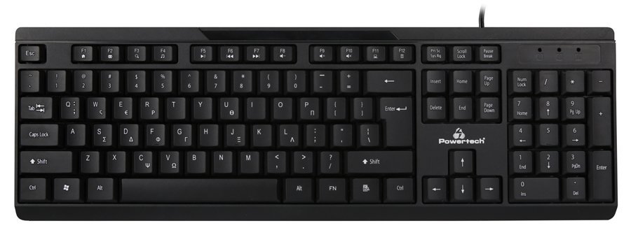 POWERTECH πληκτρολόγιο PT-1069, ενσύρματο, multimedia, EN/GR, μαύρο