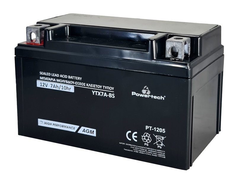 POWERTECH μπαταρία μολύβδου μοτοσυκλέτας PT-1205, 12V 7Ah, AGM, YTX7A-BS