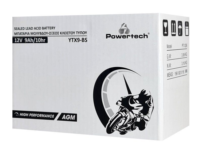 POWERTECH μπαταρία μολύβδου μοτοσυκλέτας, 12V 9Ah, AGM, YTX9-BS - Image 2