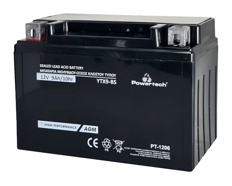 POWERTECH μπαταρία μολύβδου μοτοσυκλέτας, 12V 9Ah, AGM, YTX9-BS