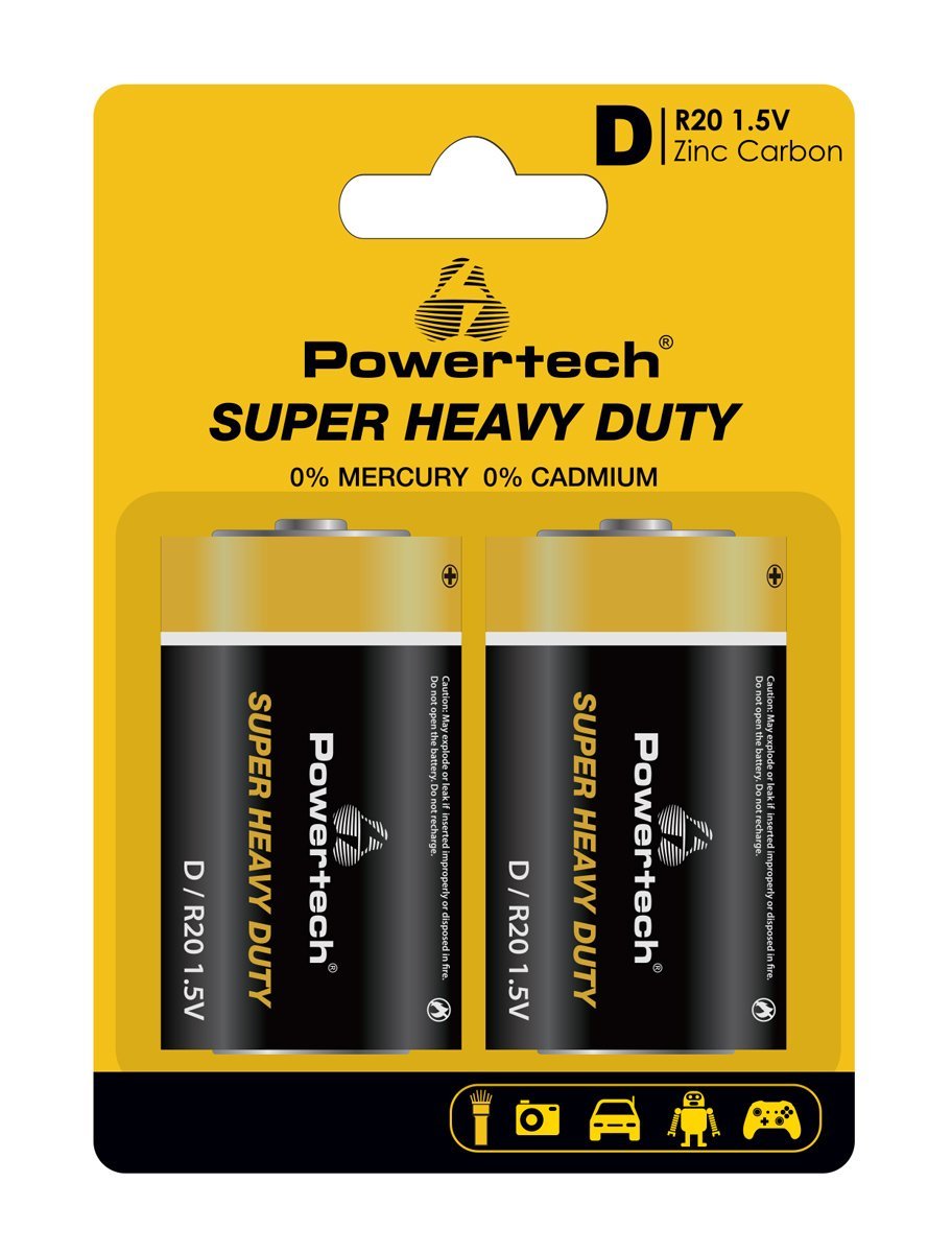 POWERTECH μπαταρίες Zinc Carbon Super Heavy Duty PT-1222, R20 1.5V, 2τμχ