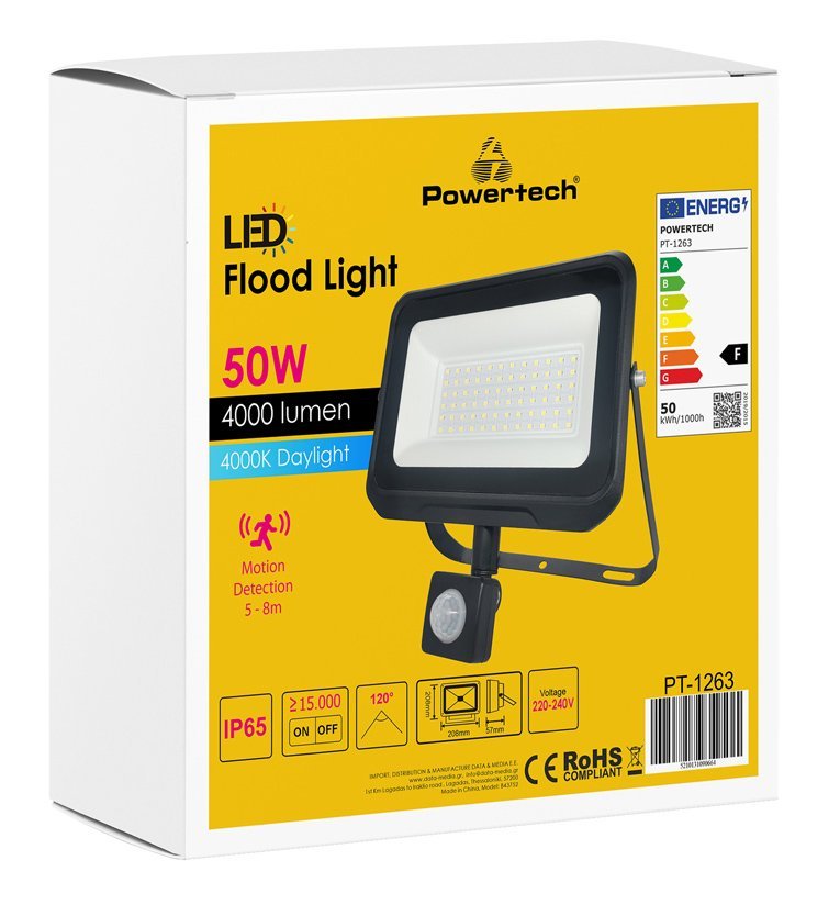 POWERTECH LED προβολέας PT-1263, με αισθητήρα κίνησης, 50W, 4000K, IP65 - Image 2