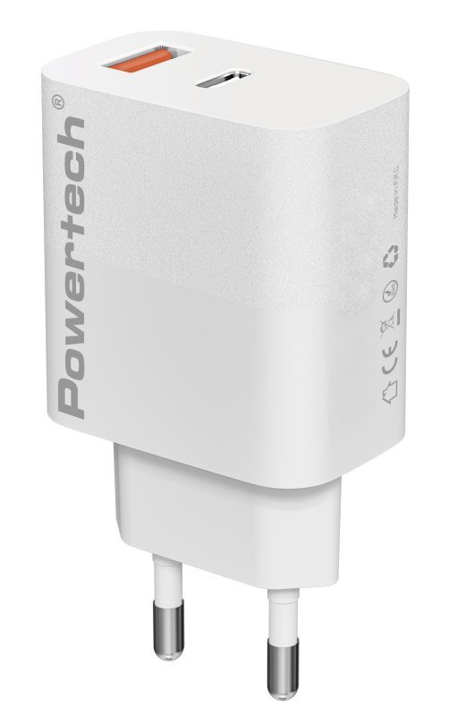 POWERTECH φορτιστής τοίχου PT-1433, USB/USB-C, 30W, GaN, λευκός