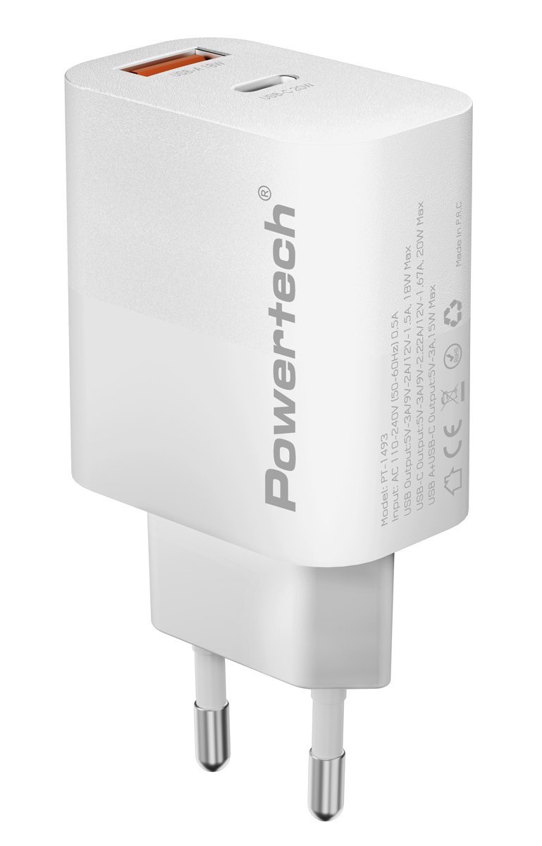POWERTECH φορτιστής τοίχου PT-1493, USB/USB-C, 20W, λευκός