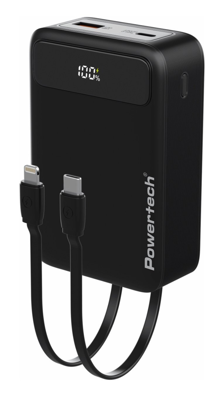 POWERTECH power bank PT-1504 με καλώδια & οθόνη, 20000mah, 22.5W, μαύρο
