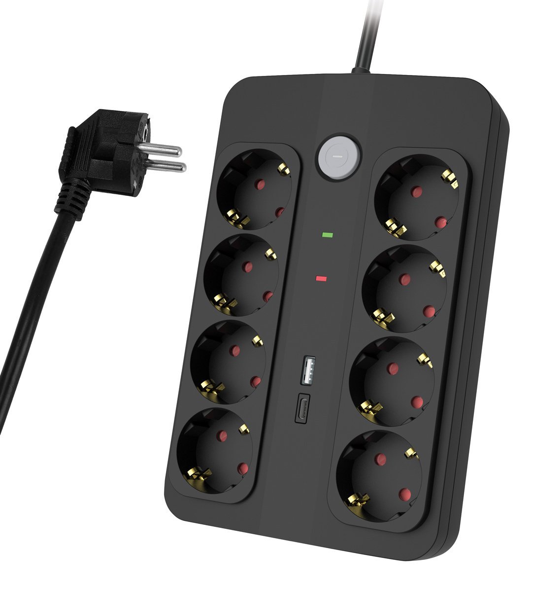 POWERTECH πολύπριζο ασφαλείας PT-1535, 8 θέσεων, με USB & USB-C θύρες, 16A, 1.5m, μαύρο