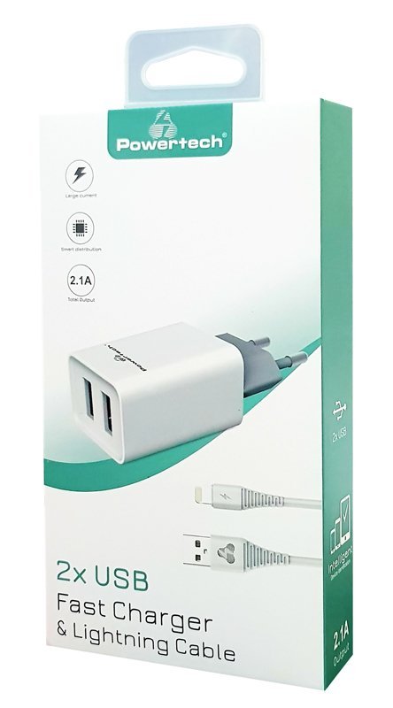 POWERTECH φορτιστής τοίχου PT-777, καλώδιο Lightning, 2x USB 2.1A, λευκό - Image 2