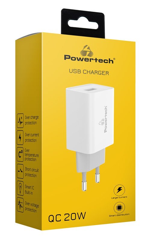 POWERTECH φορτιστής τοίχου PT-780, USB QC 3.0, 20W, 4A, λευκός - Image 2