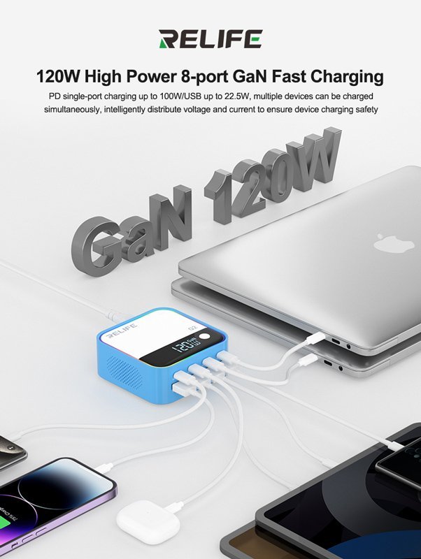 RELIFE σταθμός φόρτισης Q2, 4x USB-C & 4x USB, 120W, GaN, μπλε - Image 2