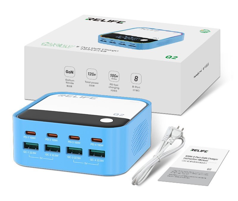 RELIFE σταθμός φόρτισης Q2, 4x USB-C & 4x USB, 120W, GaN, μπλε - Image 8