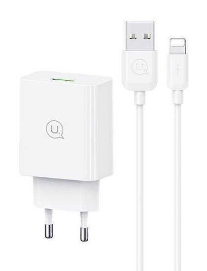 USAMS φορτιστής τοίχου SCXLTZ03 με καλώδιο Lightning, USB, 18W, λευκός