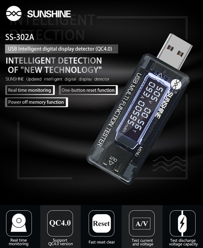 SUNSHINE USB tester φόρτισης SS-302A, V/A/Time/mAh - Image 2