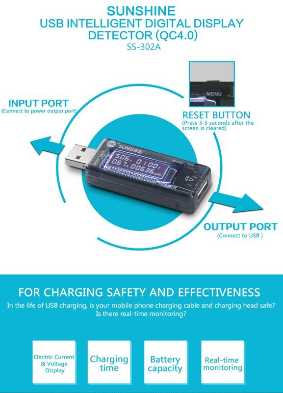 SUNSHINE USB tester φόρτισης SS-302A, V/A/Time/mAh - Image 3