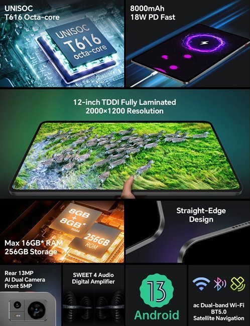 TECLAST tablet T60, 12" HD, 8/256GB, Android 13, 4G, 8000mAh, γκρι - Image 8