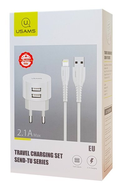 USAMS φορτιστής τοίχου T20 & καλώδιο Lightning, 2x USB, 2.1A, λευκός - Image 5