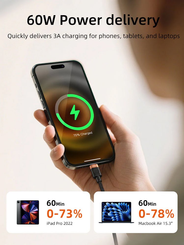 CABLETIME καλώδιο USB-C CT-CM60, 60W, 480Mbps, 1m, μαύρο - Image 2
