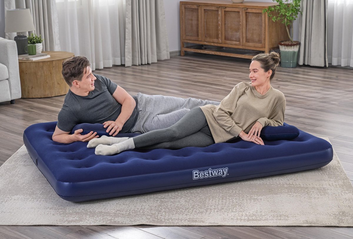 BESTWAY φουσκωτό στρώμα με τρόμπα & 2x μαξιλάρια, διπλό, 203x152x22cm, μπλε - Image 3