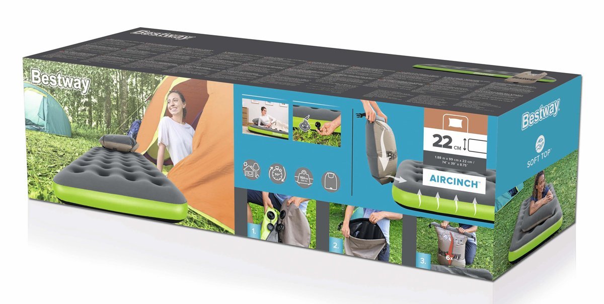 BESTWAY φουσκωτό στρώμα με 3 σε 1 τρόμπα/μαξιλάρι/τσάντα, μονό, 188x99x22cm, γκρι/πράσινο - Image 9