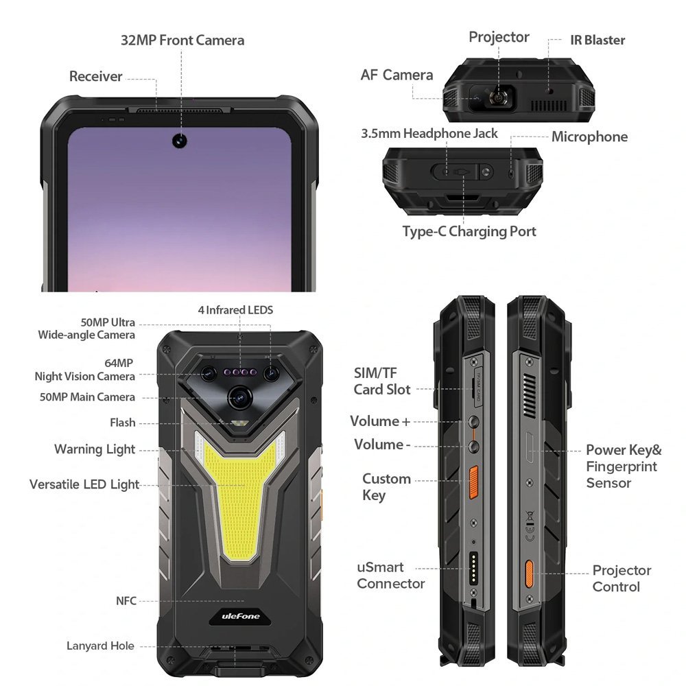 ULEFONE smartphone rmor 34 Pro Plus με βιντεοπροβολέα, 6.95", 5G, 16/512GB, 25500mh, IP68/IP69K/MIL-STD-810H, μαύρο - Image 5