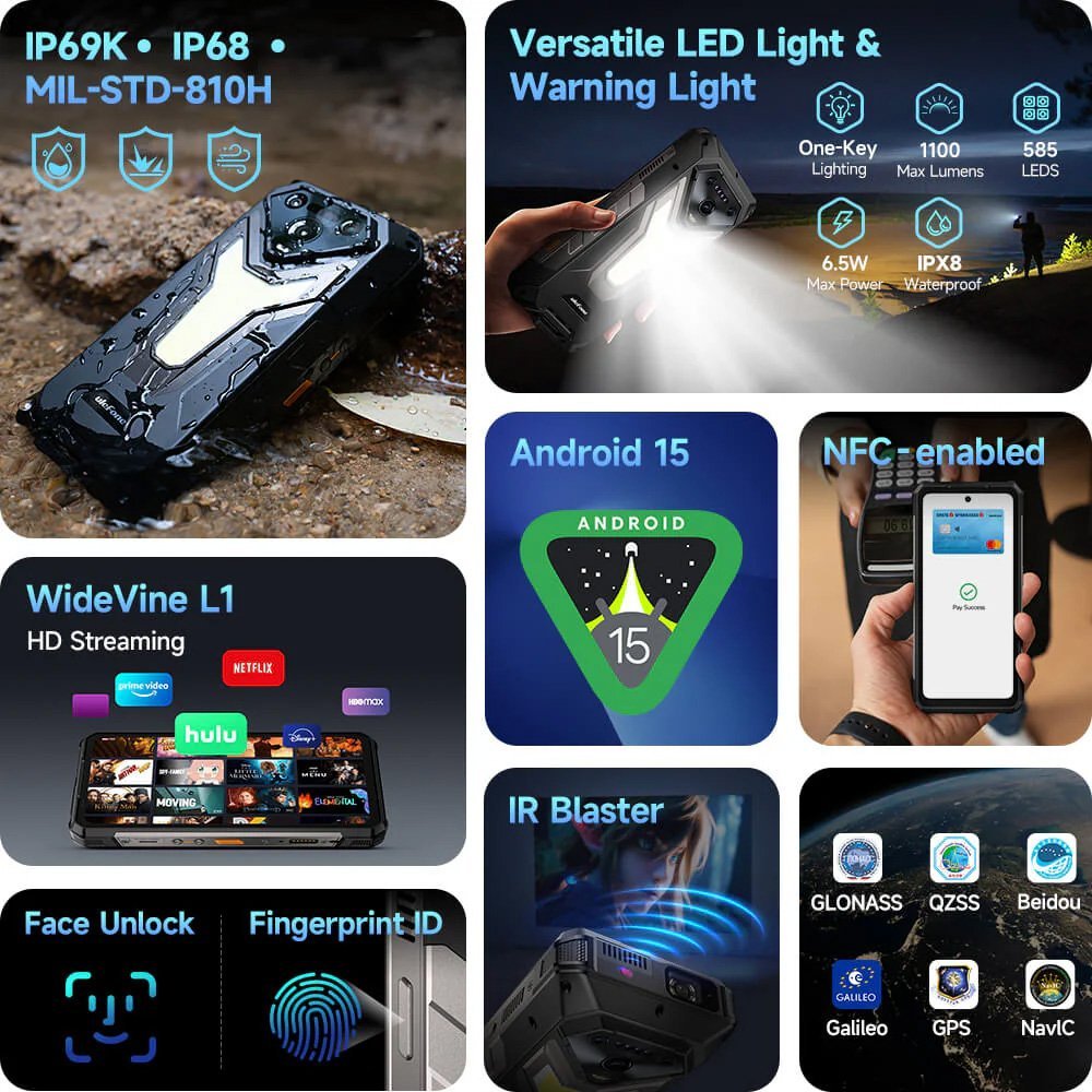 ULEFONE smartphone rmor 34 Pro Plus με βιντεοπροβολέα, 6.95", 5G, 16/512GB, 25500mh, IP68/IP69K/MIL-STD-810H, μαύρο - Image 10