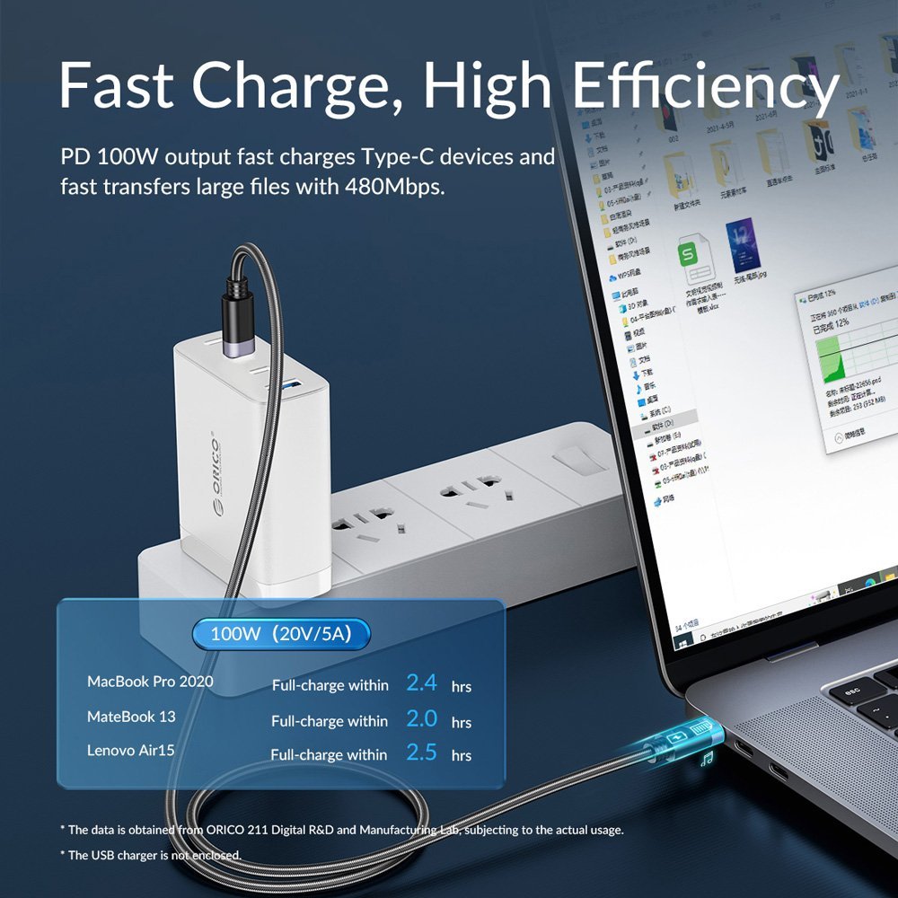 ORICO καλώδιο USB-C , 100W, 480Mbps, 1m, μαύρο - Image 2