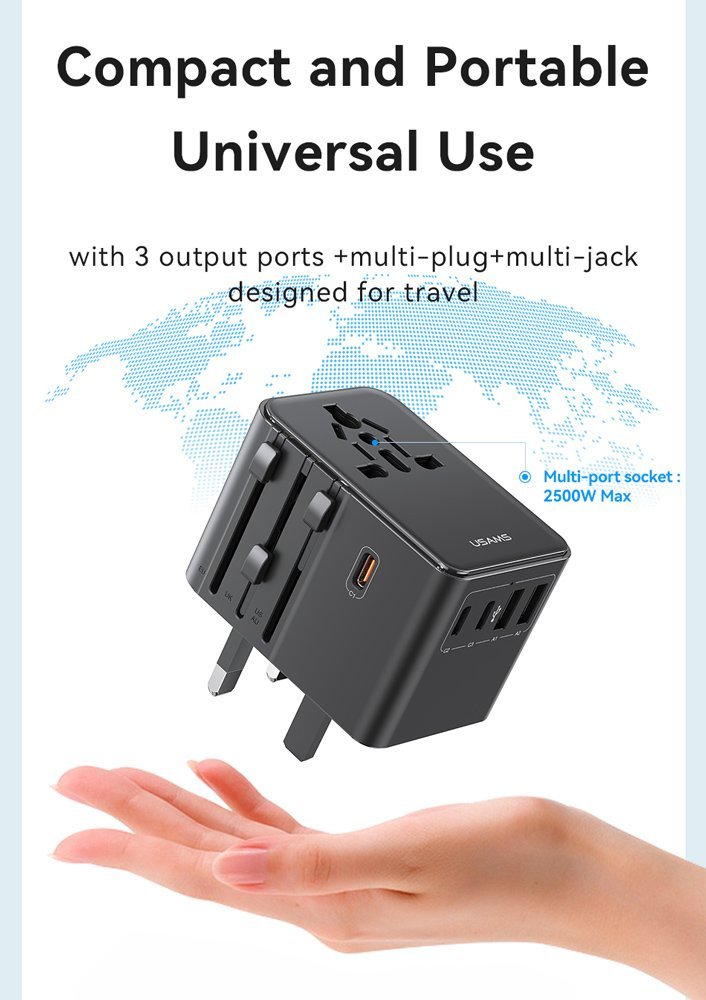 USAMS φορτιστής/αντάπτορας πρίζας , 2x USB & 3x USB-C, universal, 70W, μαύρος - Image 2