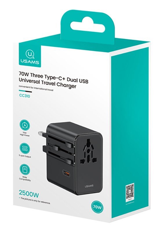 USAMS φορτιστής/αντάπτορας πρίζας , 2x USB & 3x USB-C, universal, 70W, μαύρος - Image 9