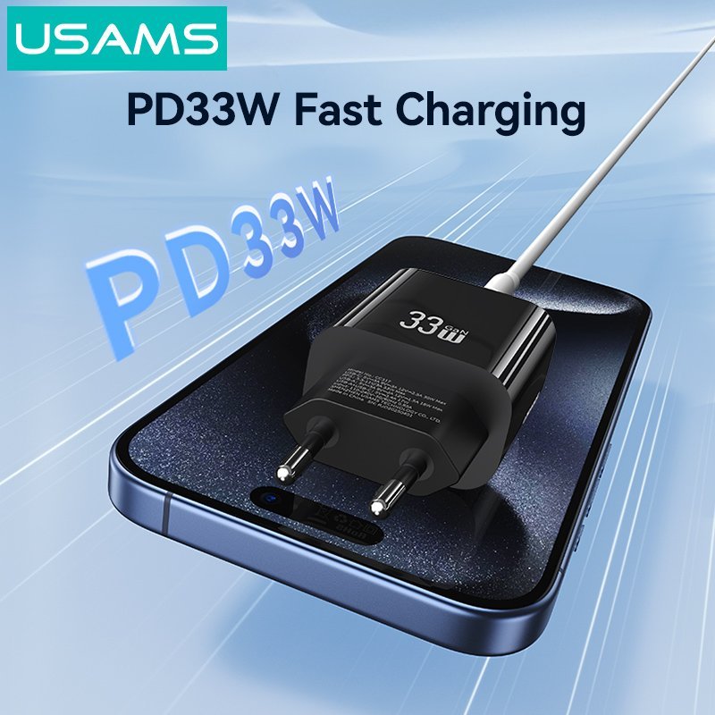 USAMS φορτιστής τοίχου , USB & USB-C, 33W, GaN, μαύρος - Image 2