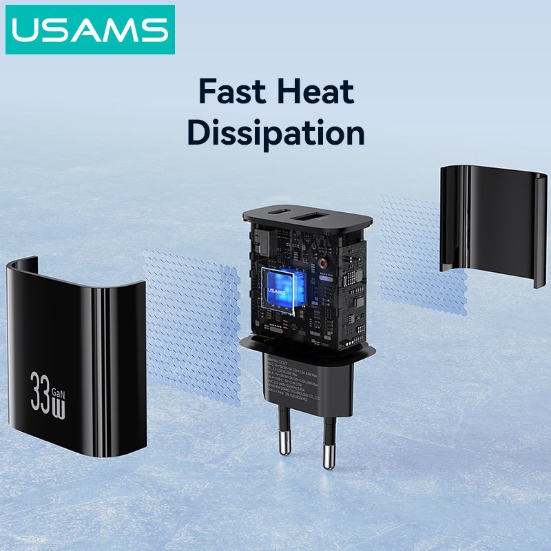 USAMS φορτιστής τοίχου , USB & USB-C, 33W, GaN, μαύρος - Image 5