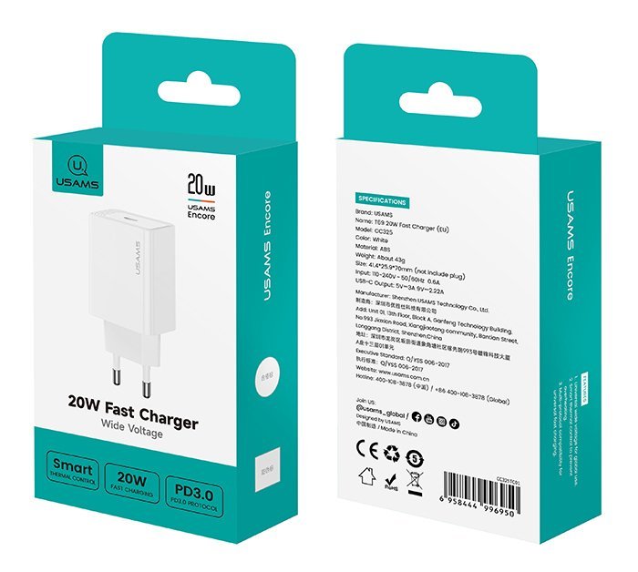 USAMS φορτιστής τοίχου , USB-C, 20W, λευκός - Image 6