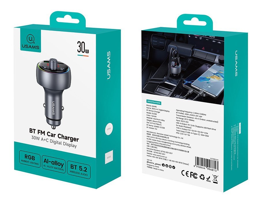 USAMS FM transmitter & φορτιστής , USB/USB-C, 30W, Bluetooth, μαύρο - Image 9