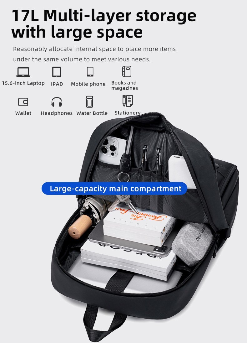 GOLDEN WOLF τσάντα πλάτης με θήκη laptop 15.6", 17L, μαύρη - Image 4