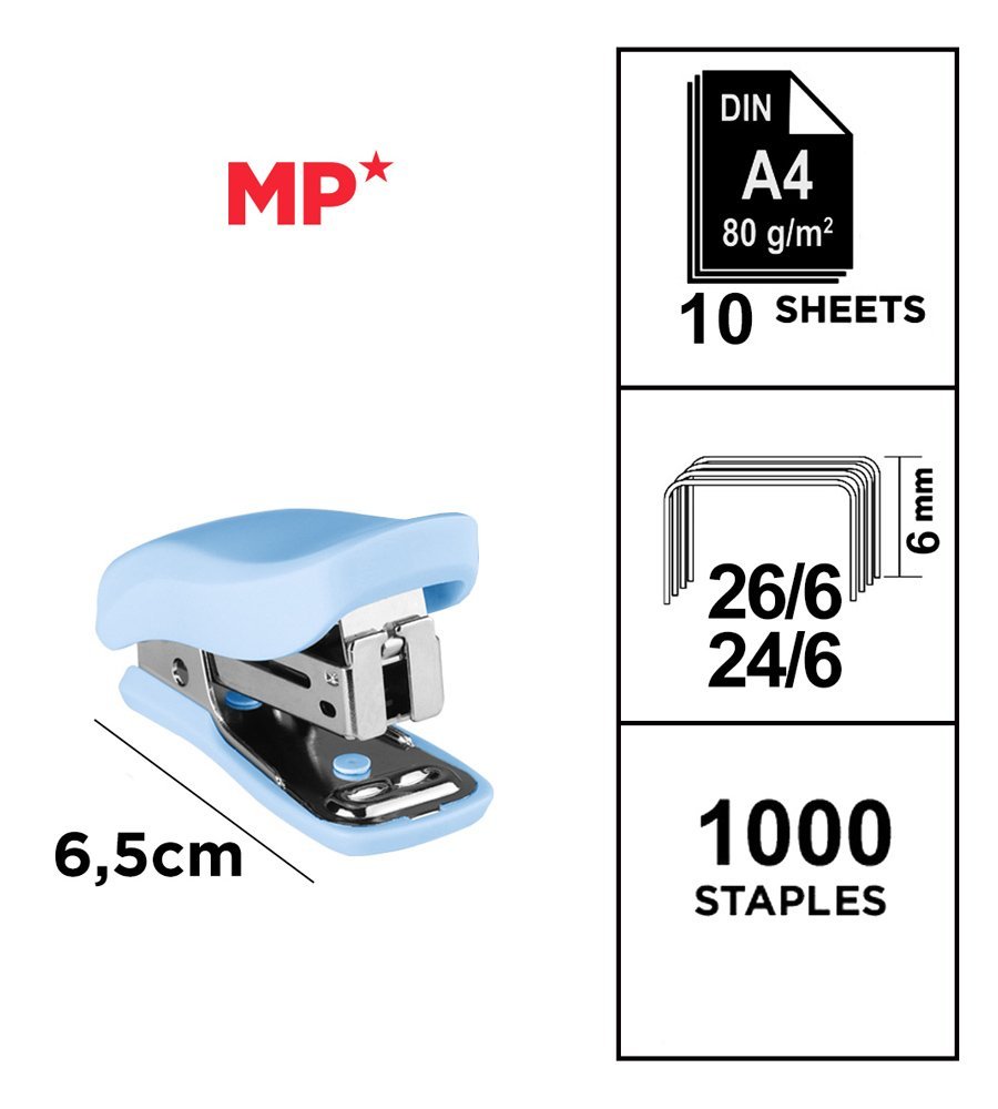 MP mini συρραπτικό με ανταλλακτικά, 24/6 - 26/6, 10 φύλλα, μπλε - Image 2