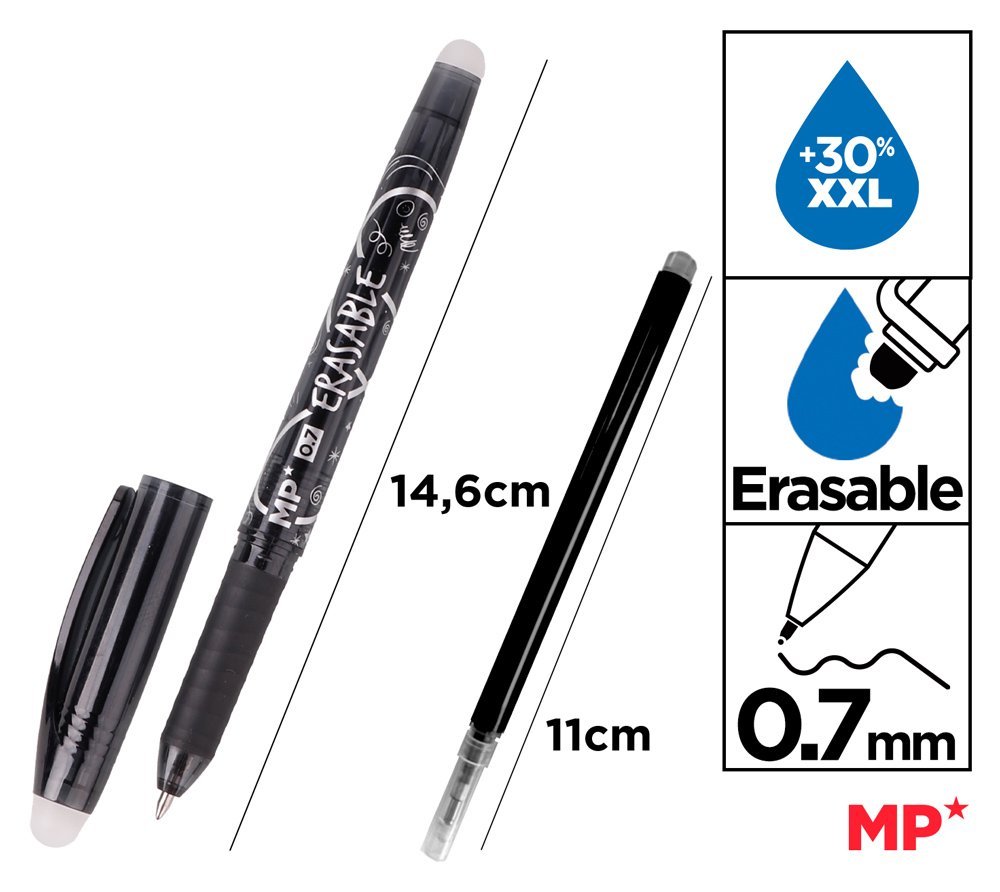 MP στυλό διαρκείας με ανταλλακτικό μελάνι, erasable, 0.7mm, μαύρο - Image 2