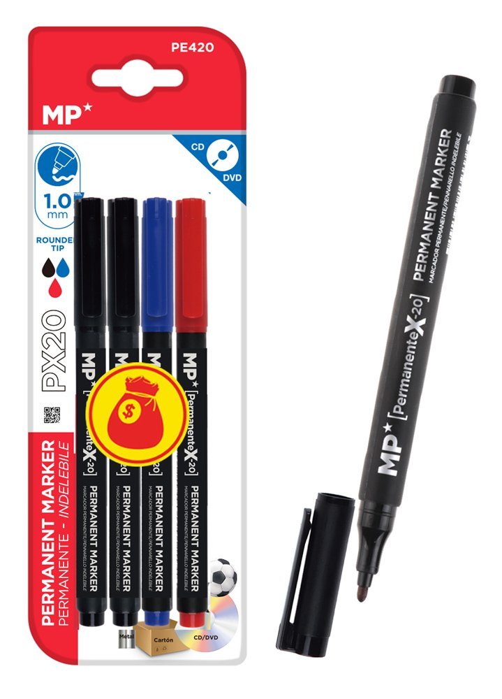 MP σετ ανεξίτηλος μαρκαδόρος , 1mm μύτη, μαύρος/μπλε/κόκκινος, 4τμχ