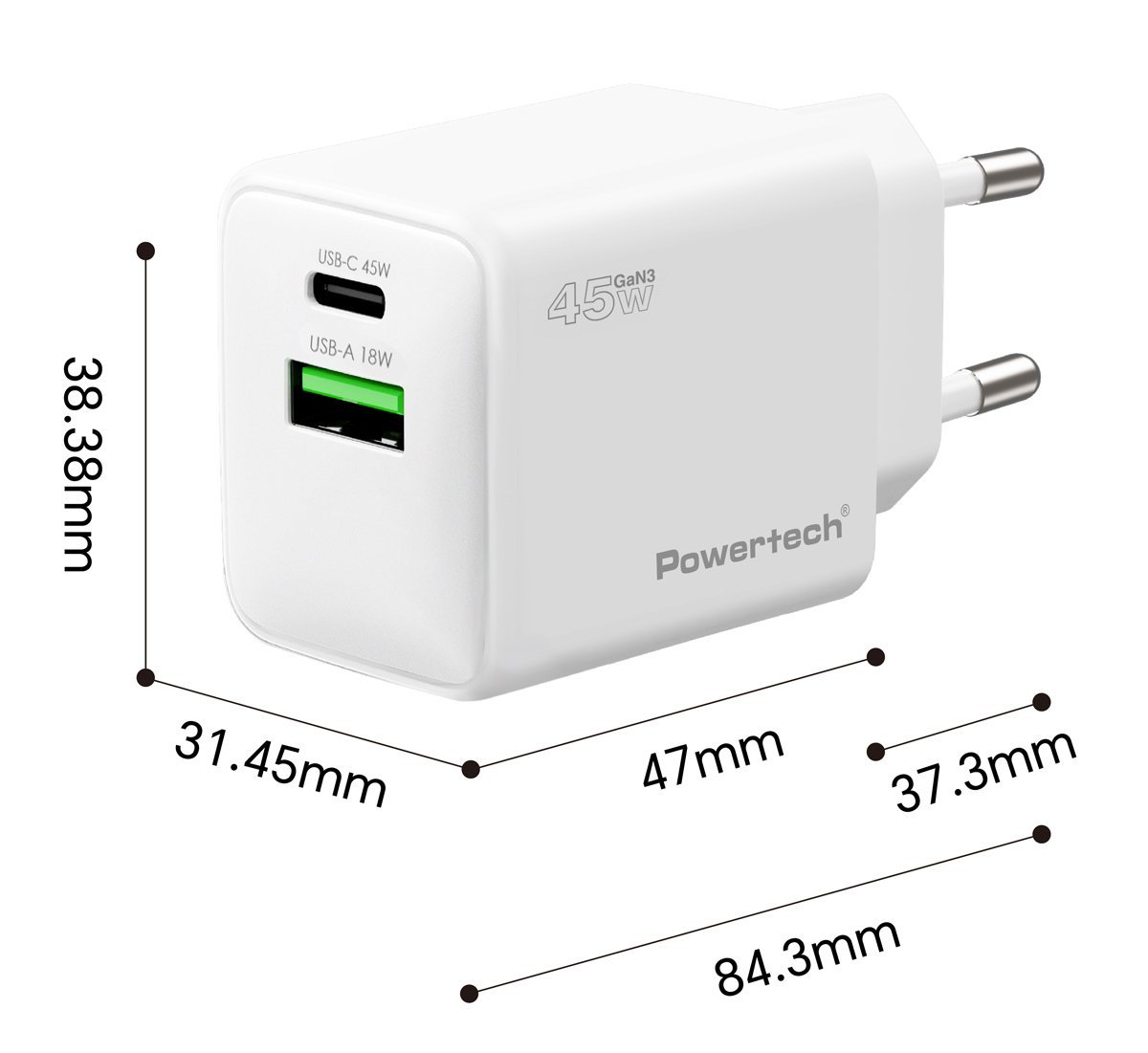 POWERTECH φορτιστής τοίχου , USB/USB-C, 45W, GaN, AVS, λευκός - Image 3