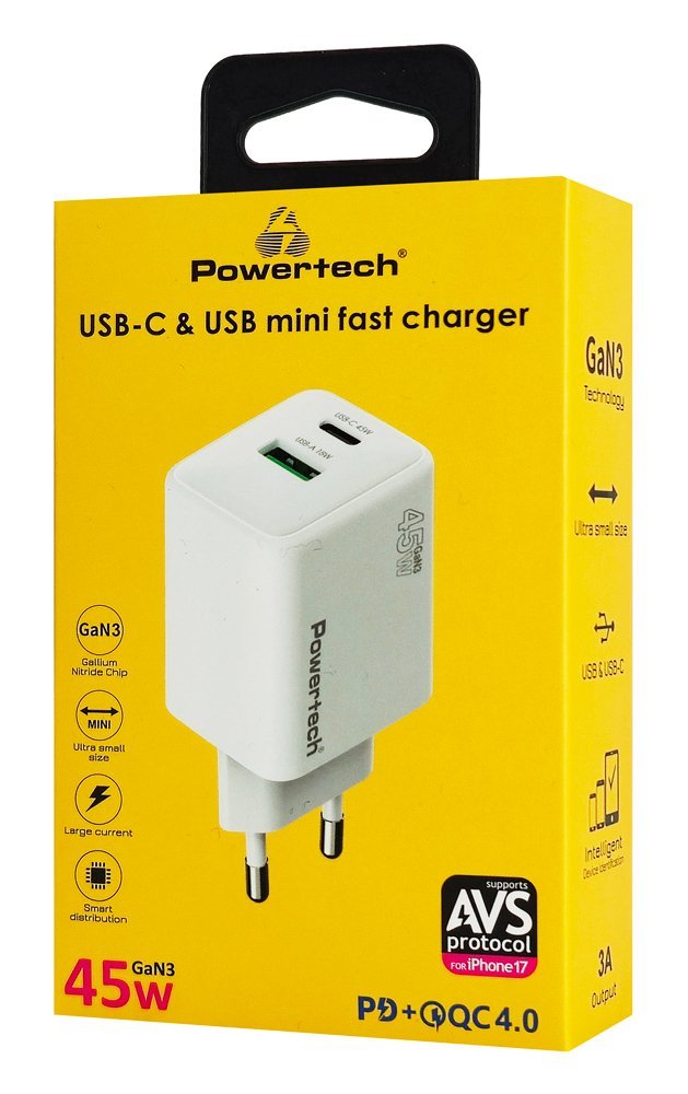 POWERTECH φορτιστής τοίχου , USB/USB-C, 45W, GaN, AVS, λευκός - Image 4
