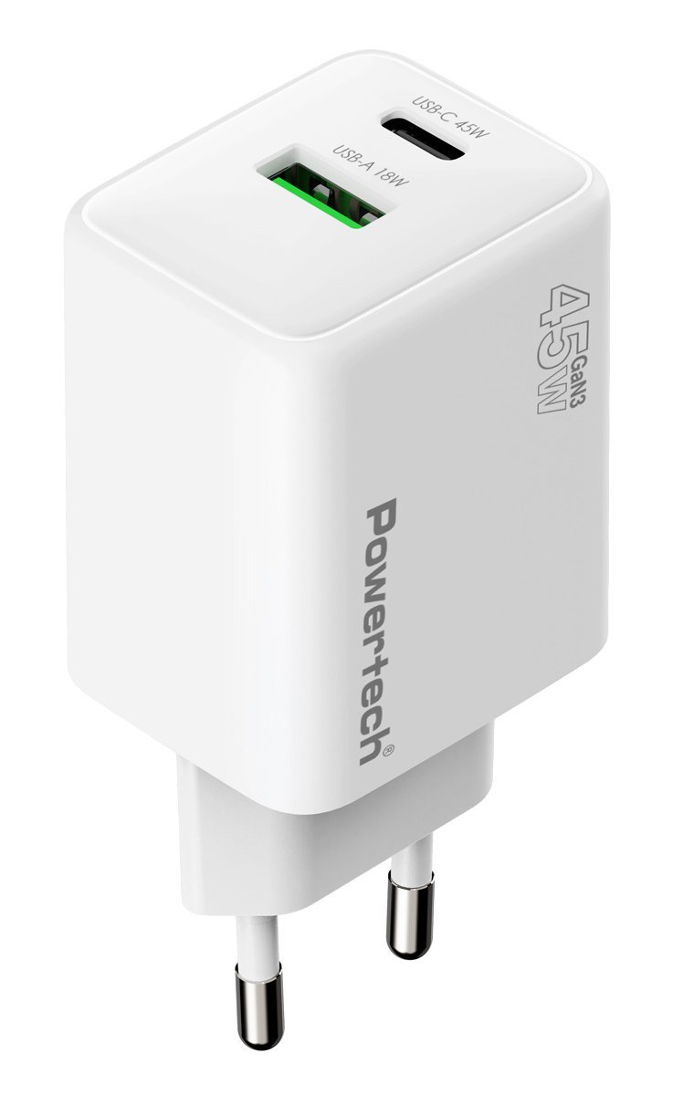 POWERTECH φορτιστής τοίχου , USB/USB-C, 45W, GaN, AVS, λευκός