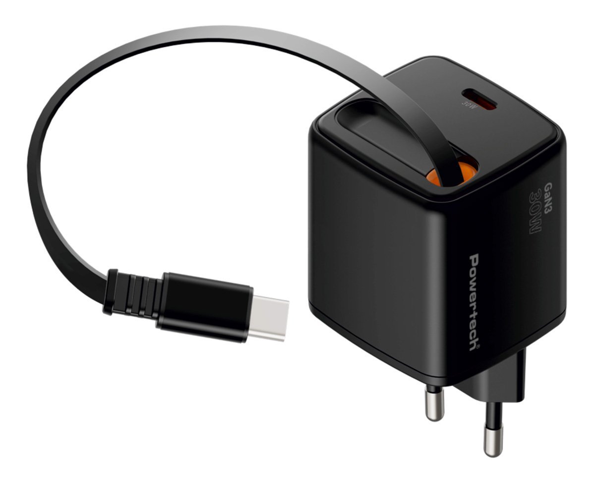 POWERTECH φορτιστής τοίχου με πτυσσόμενο καλώδιο, USB-C, 30W, GaN, μαύρος - Image 2