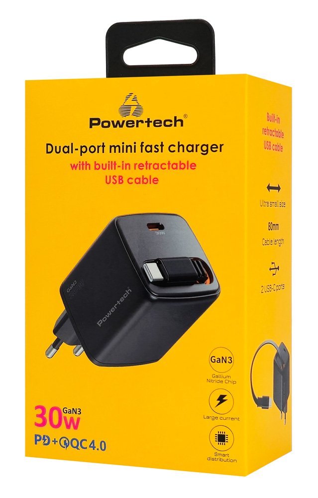 POWERTECH φορτιστής τοίχου με πτυσσόμενο καλώδιο, USB-C, 30W, GaN, μαύρος - Image 3