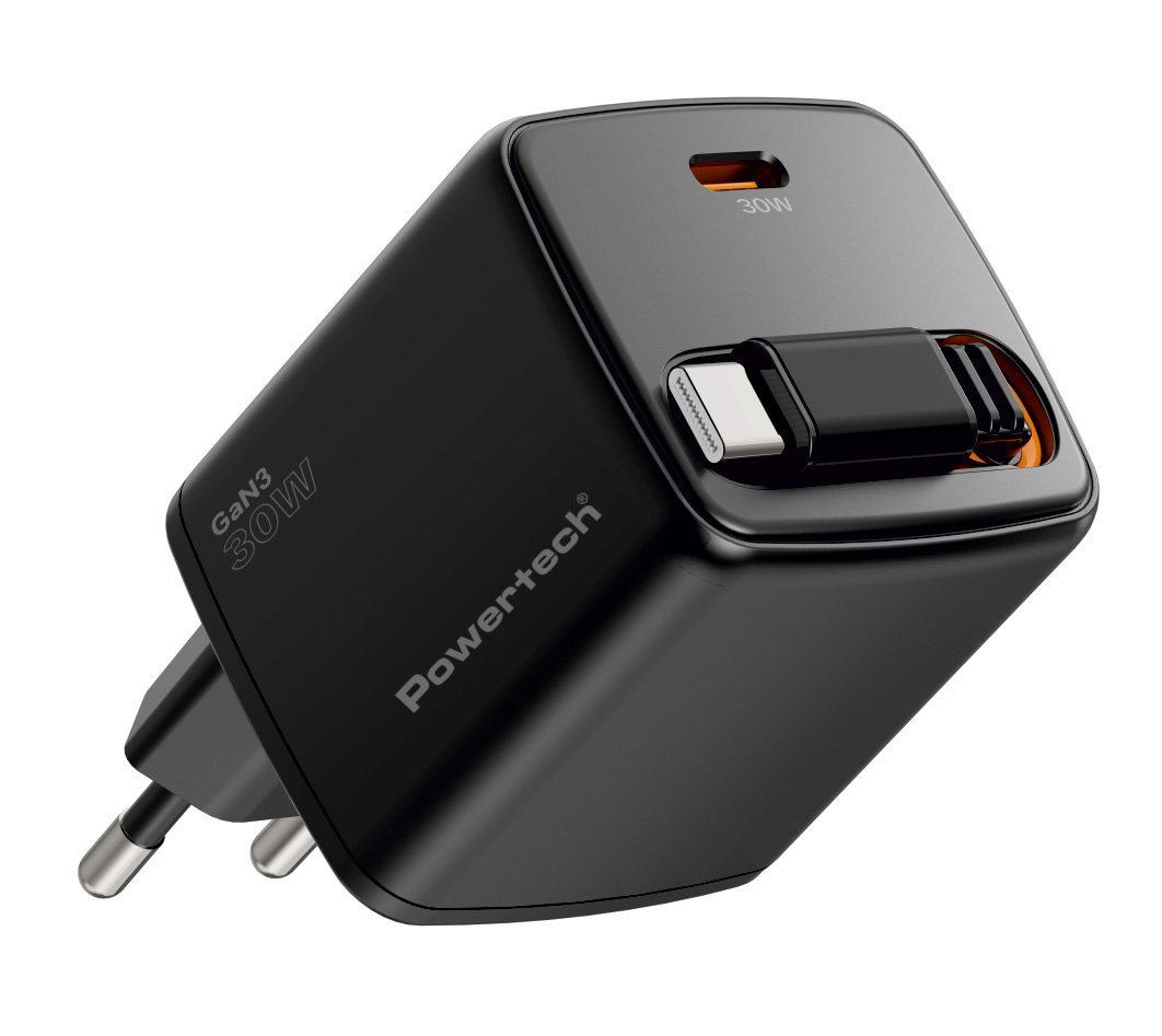 POWERTECH φορτιστής τοίχου  με πτυσσόμενο καλώδιο, USB-C, 30W, GaN, μαύρος
